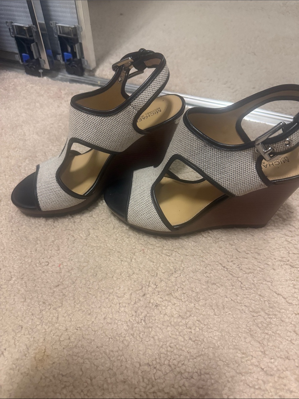 Michael Kors Cream and Black Wedge Sandals with Wood-Effect Heel